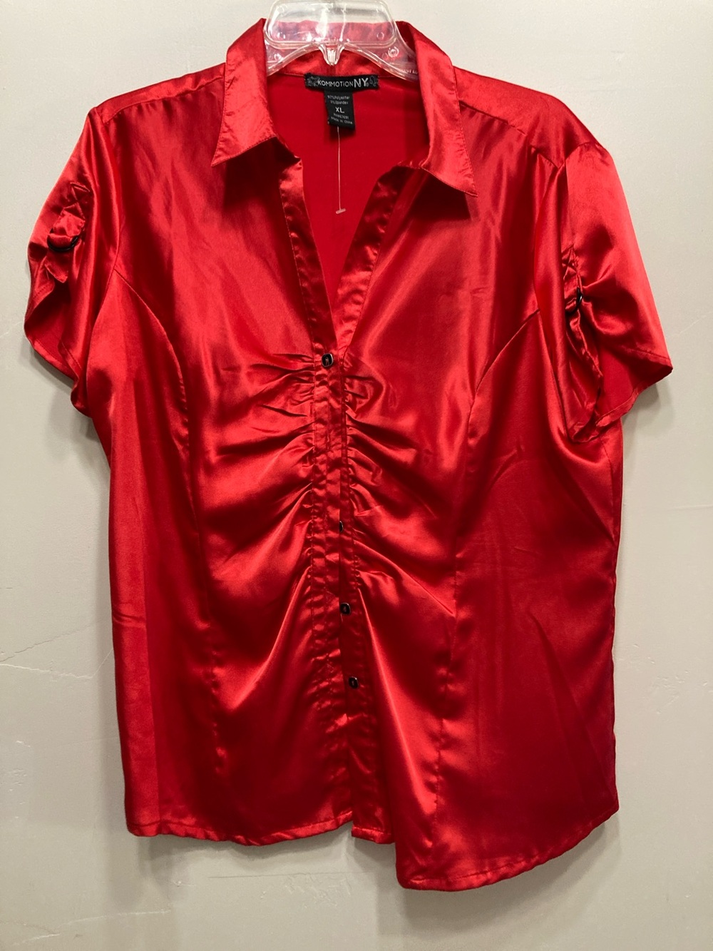 Worthington Red Satin Ruched Button-Front Shirt